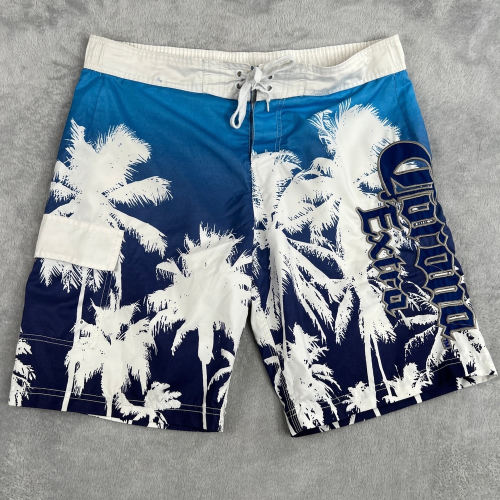 Corona Extra Palm Tree Board Shorts L Blue Men Swim Trunks Cargo Pocket Beach